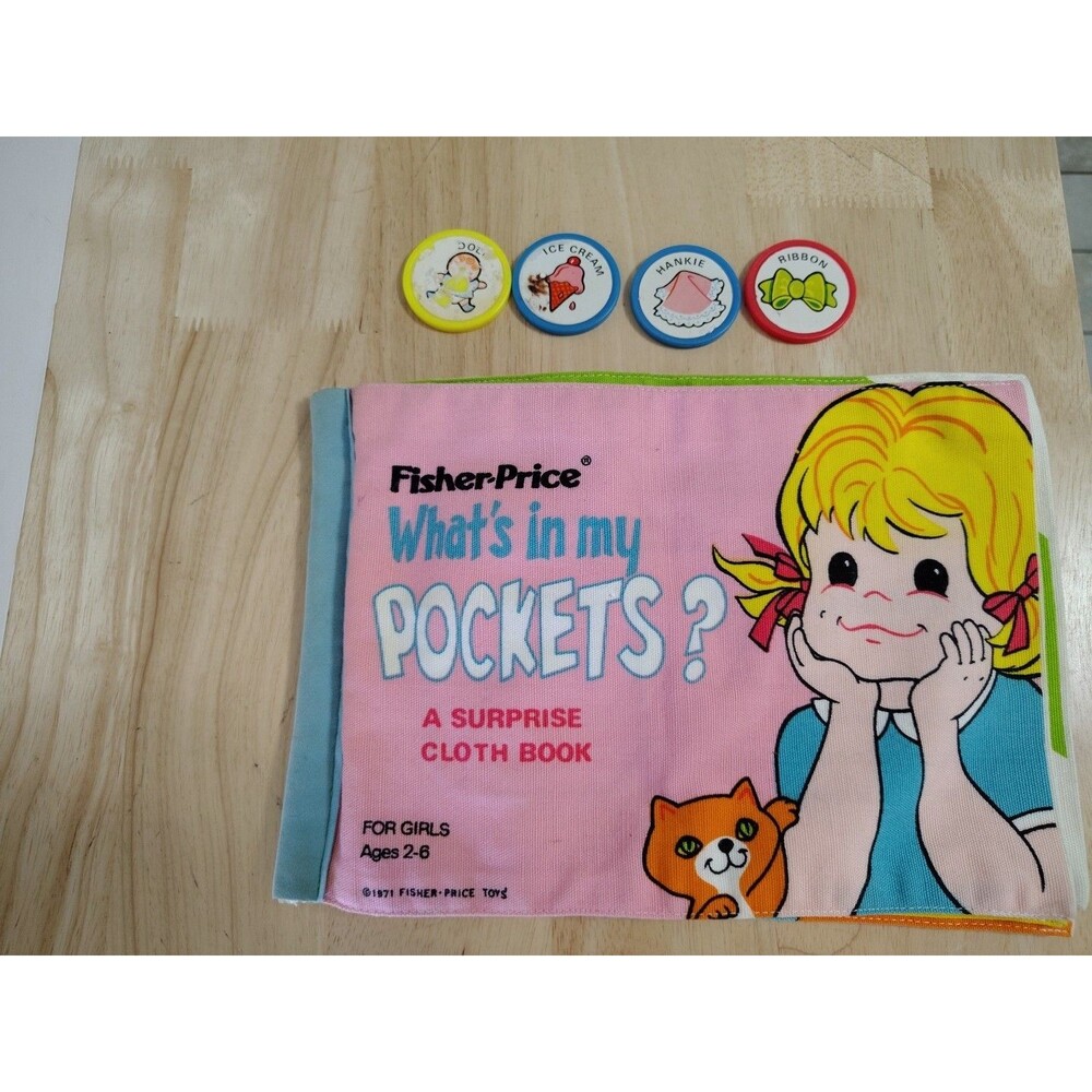 Vintage 1971 Girls Fisher Price What's In My Pocket Soft Cloth Book #179 4 Coins